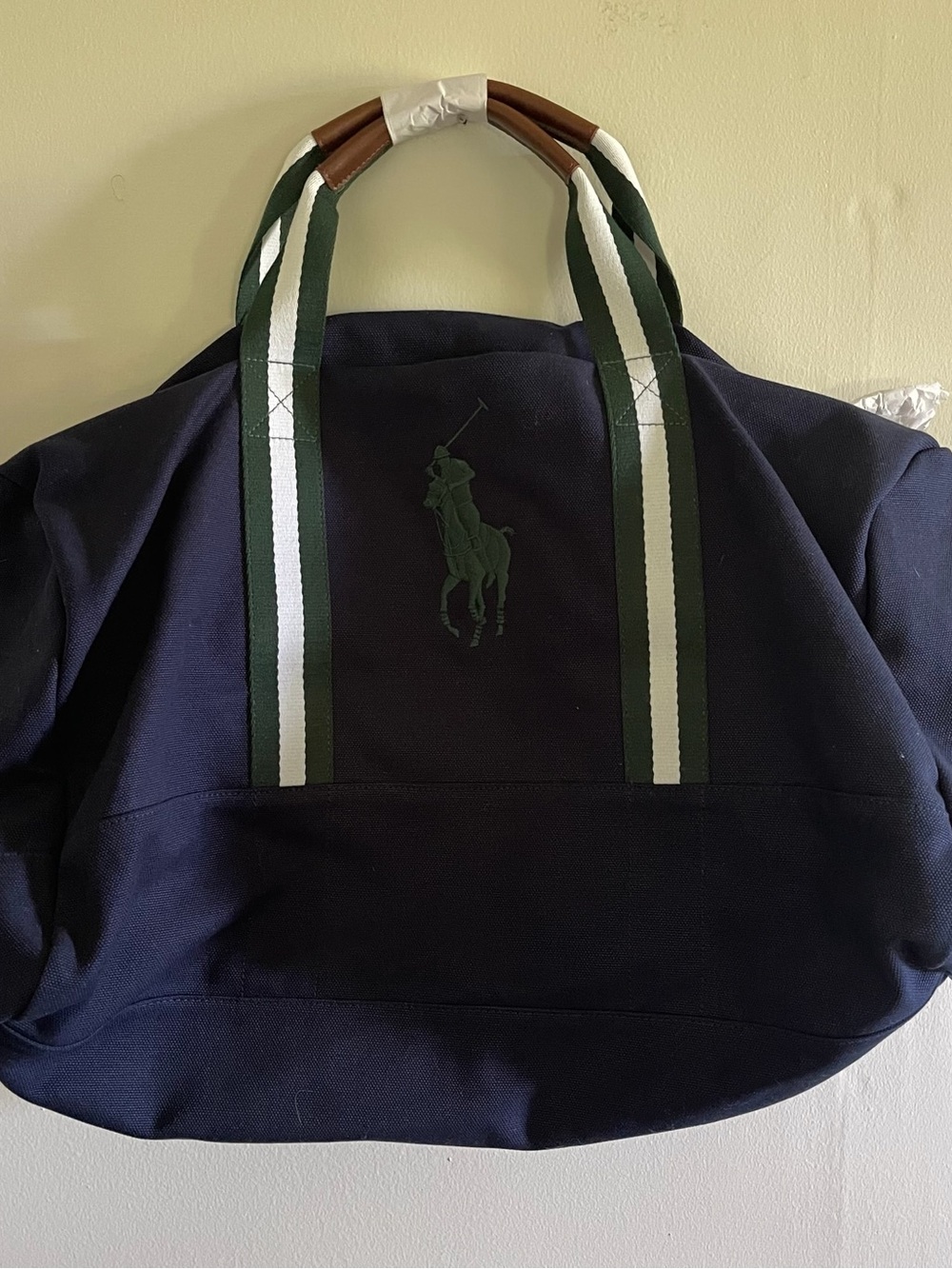 Ralph Lauren Wimbledon Navy Canvas Tote with Green & White Striped Handles